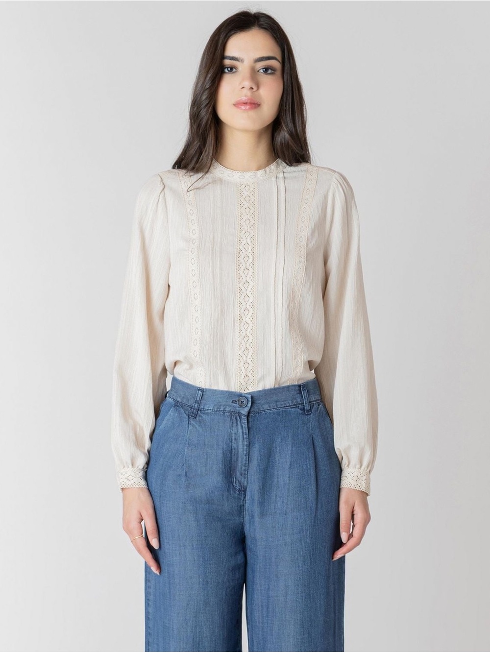 DEVOTED | Cream Lace-Trimmed Long Sleeve Blouse